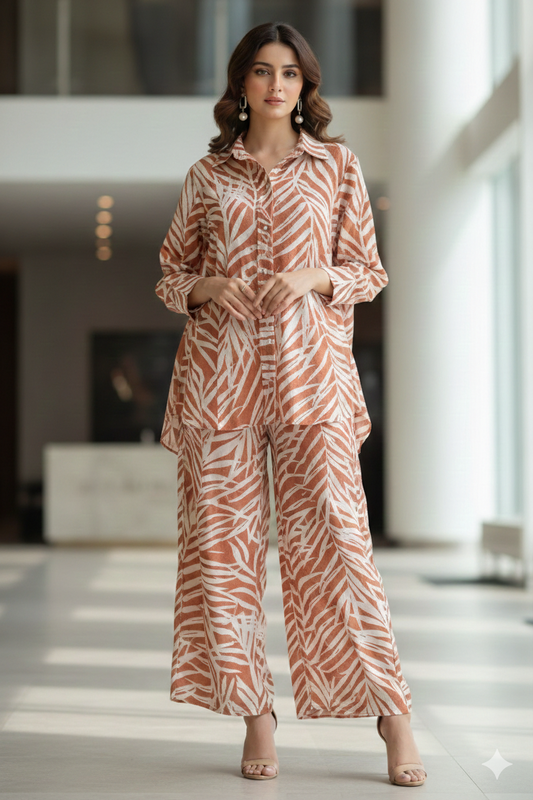 AMNA IQBAL - Peach & White Printed Leaves