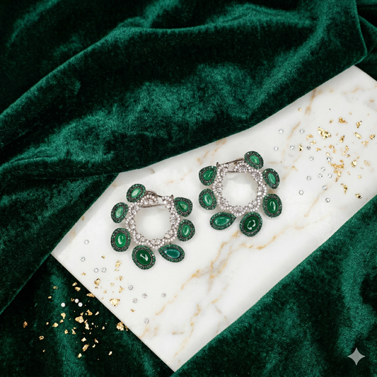 DAHLIA BY SEHAR ZAFAR - Emeral Green and Silver Earrings