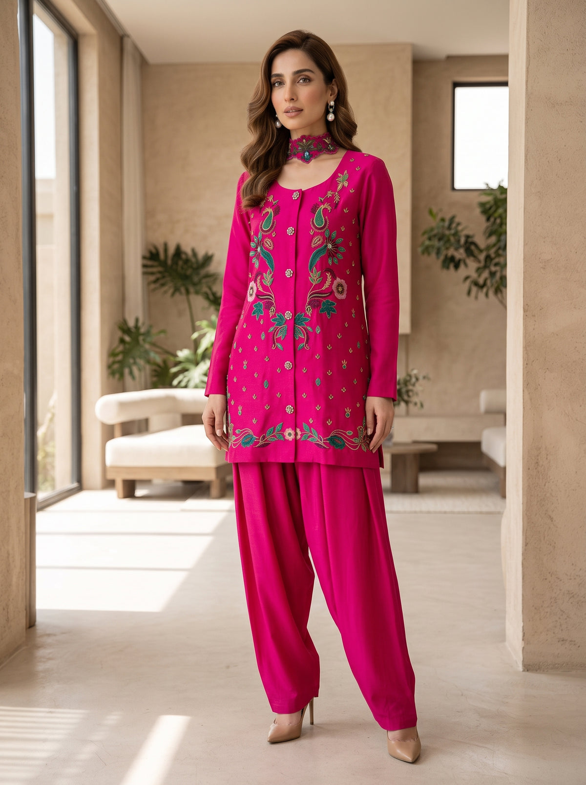 HUMAYUN ALAMGIR ( WOMENSWEAR )-Hot pink short  kameez