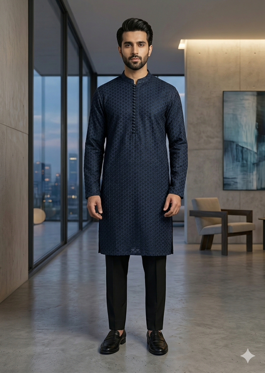 KUNZUL CHANNAR MENSWEAR - Box Blue Embroidered Kurta Trouser