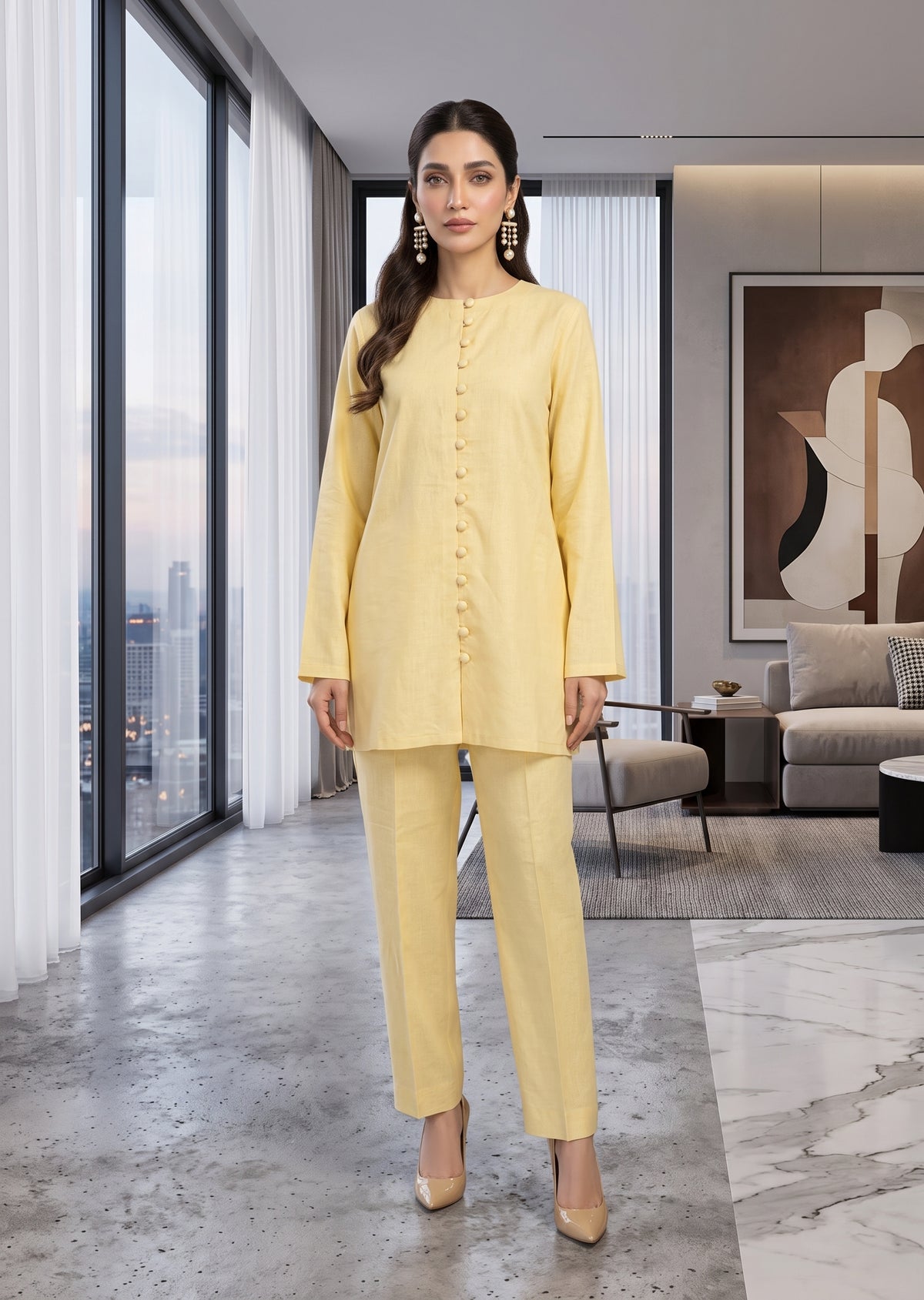 AMNA IQBAL-Yellow linen set