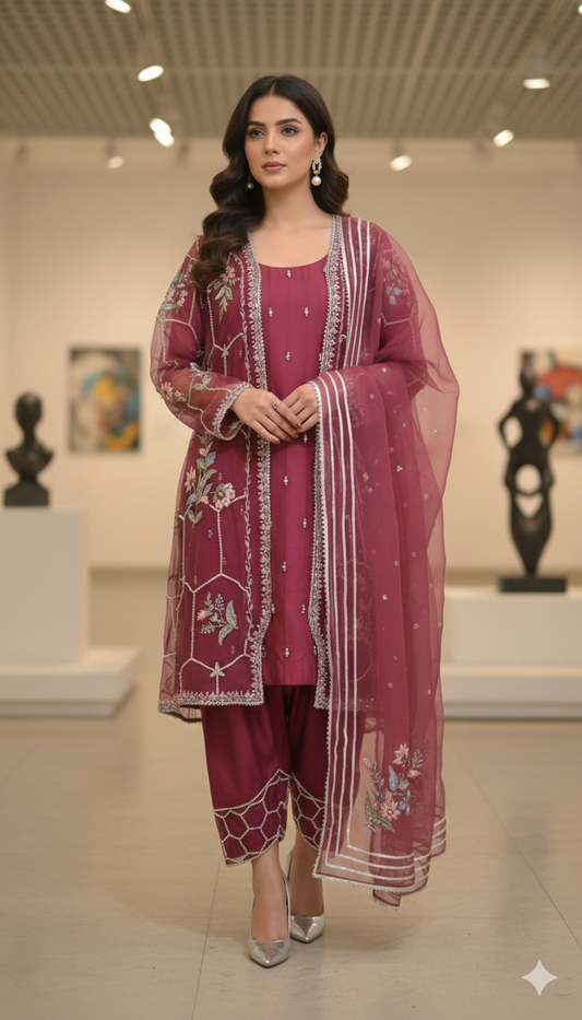 ERAM SHEIKH - Pink organza cape suit