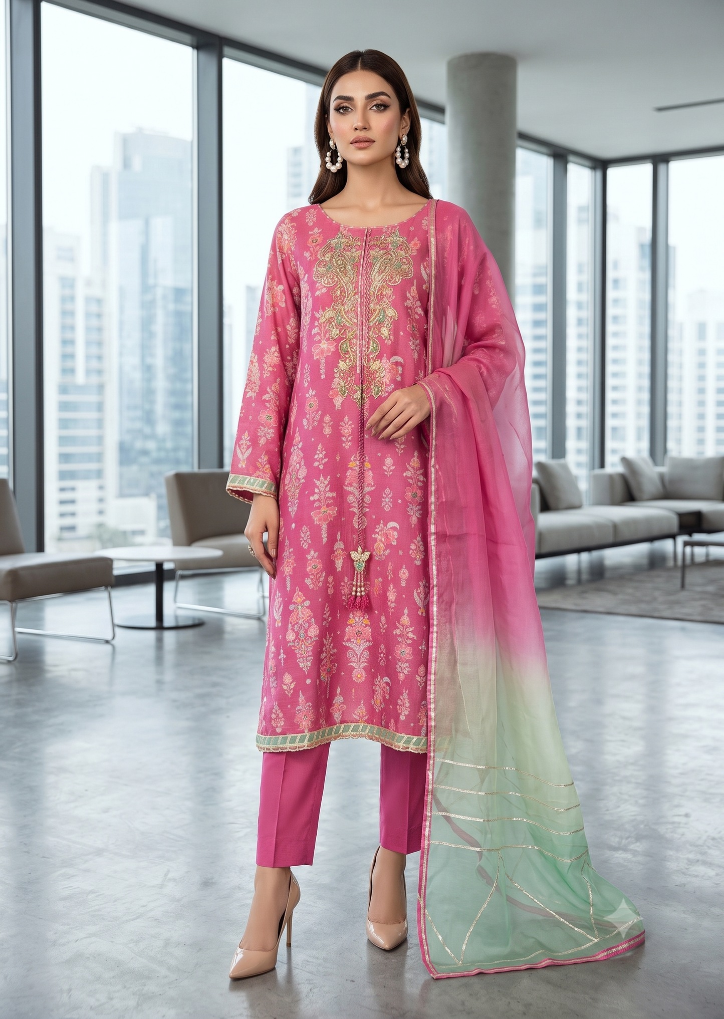 MAHOGANY - Pink printed gota work