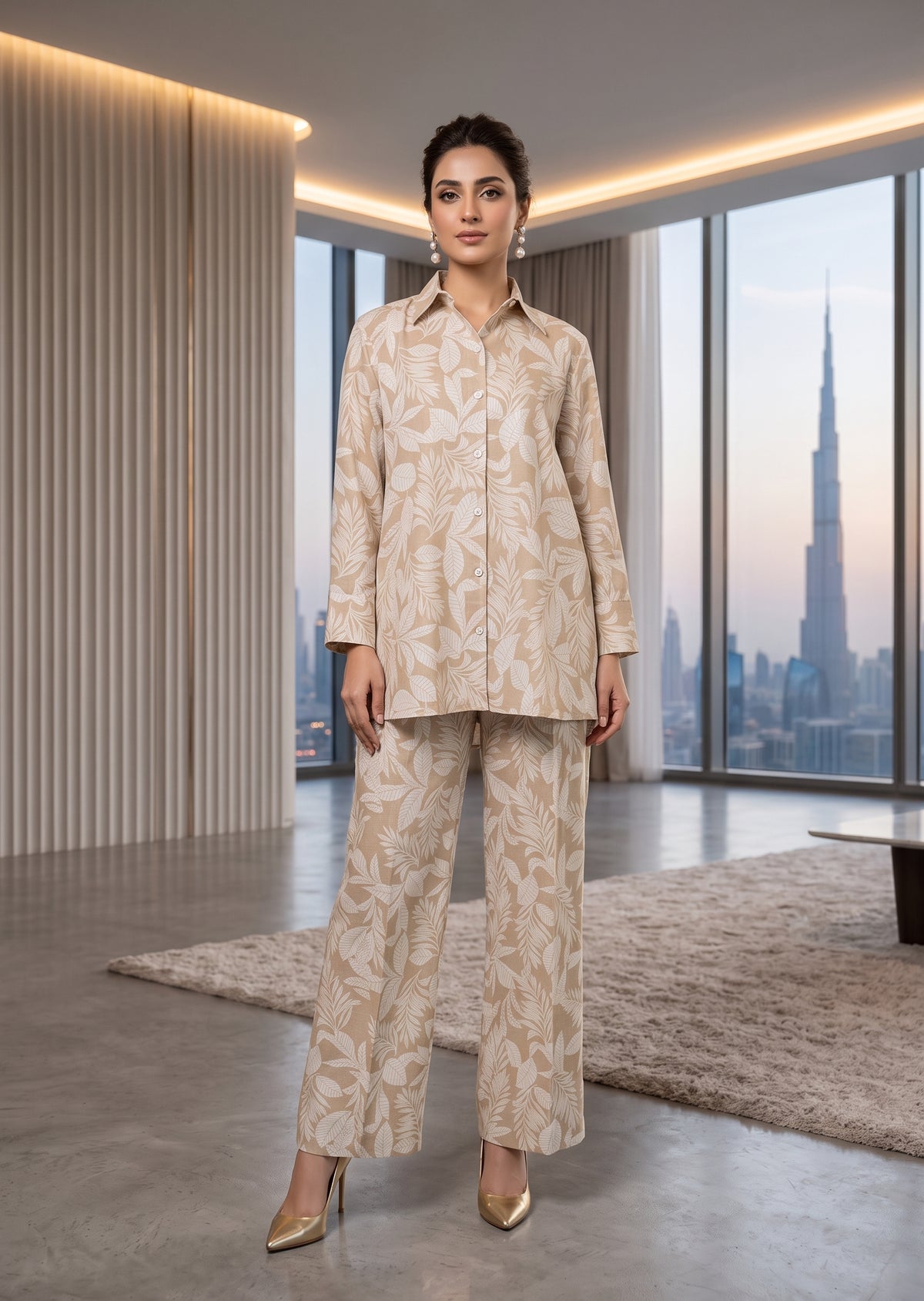 AMNA IQBAL- Beige and  white printed linen