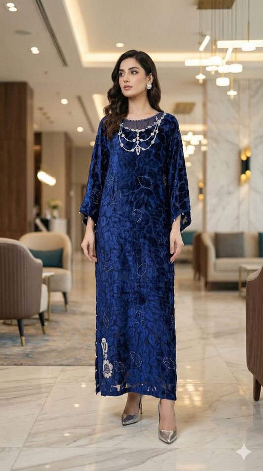 FARAH ZUBAIR - Navy Blue Embossed Velvet Kaftan