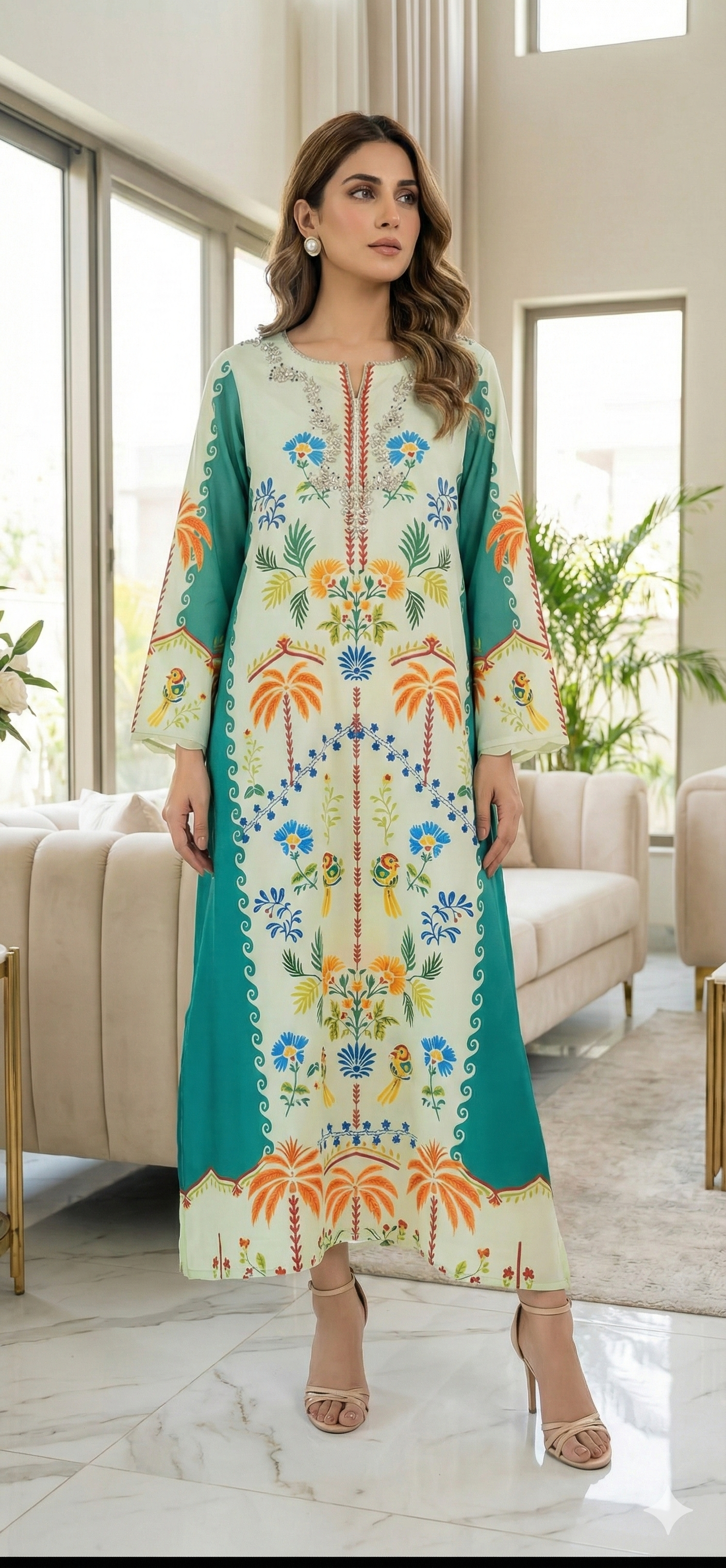 NIMRA KASHIF- Digital Green Kaftaan