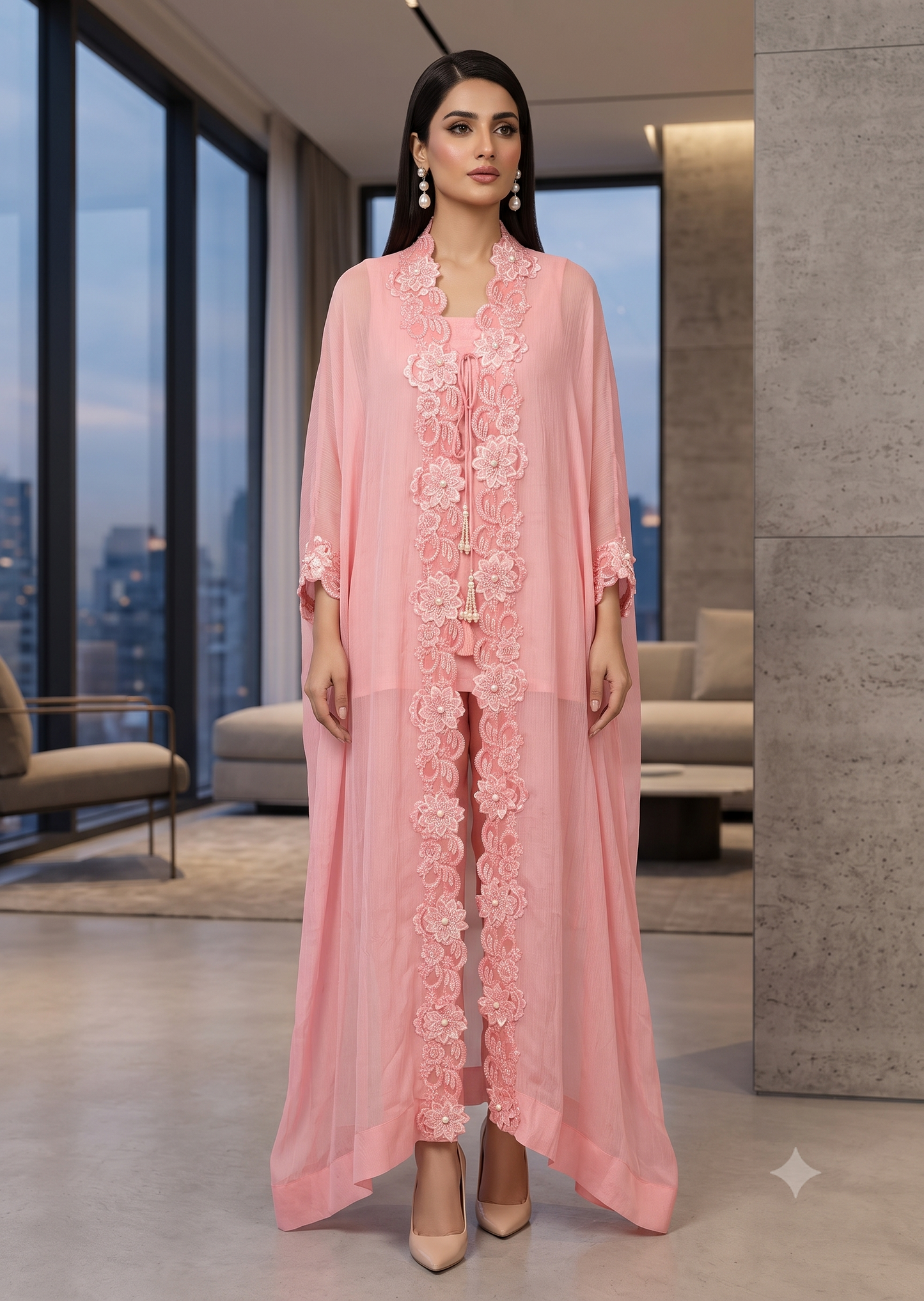 MARIA RAO-Peach suit flower lace