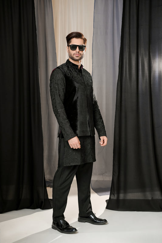 KUNZUL CHANNAR MENSWEAR-Hand work waist coat  with kurta trouser