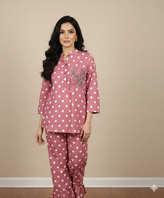 SOBIA GULZAD- Pink Polka Dot Fringe Pants