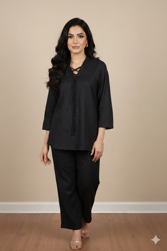 SOBIA GULZAD-Black Tie Top Linen Set
