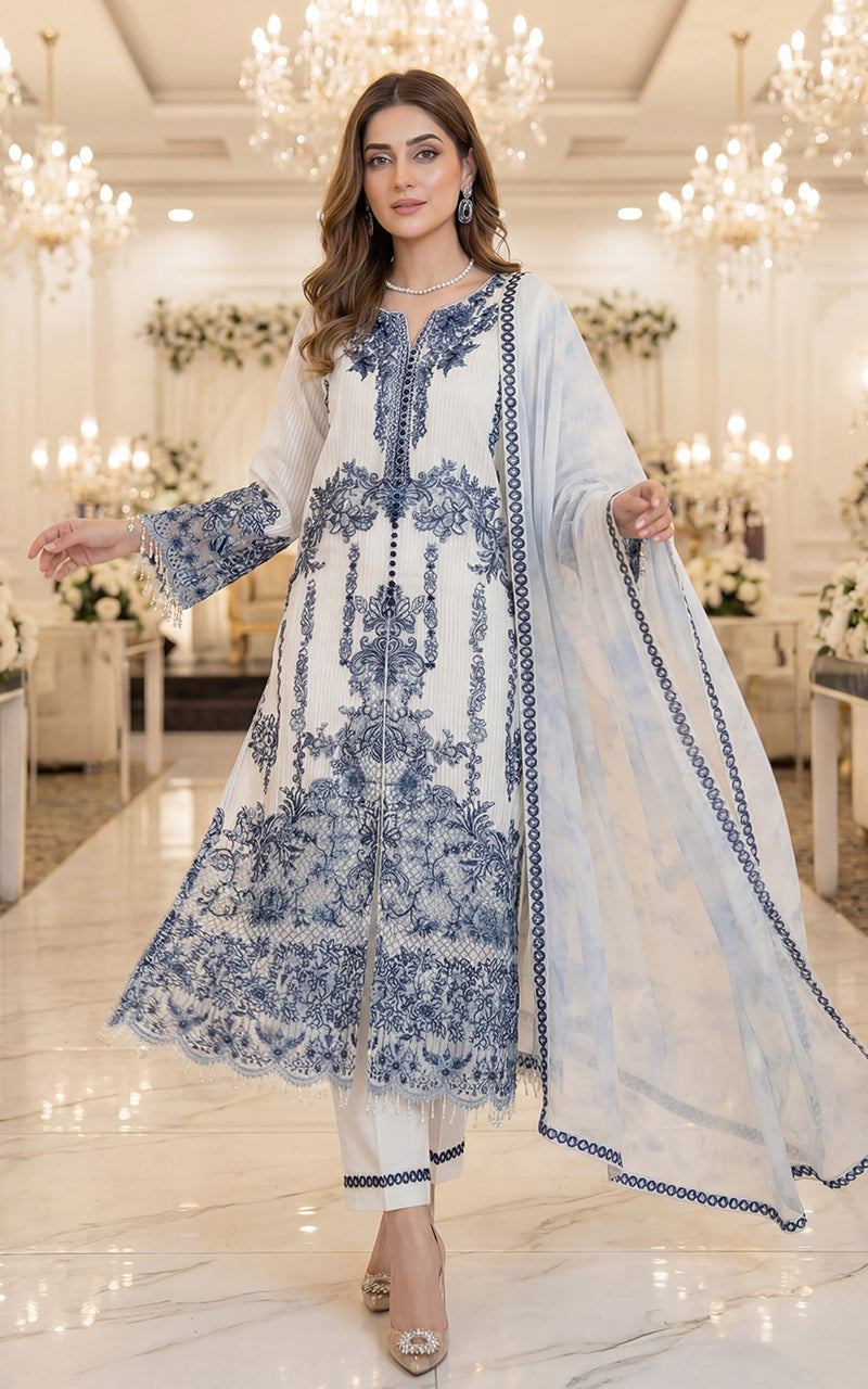 THREADS AND MOTIFS - White with blue embroidered