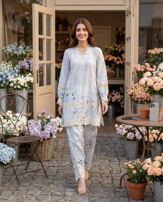 THREADS AND MOTIFS - Azure Blooms Lace-Trimmed
