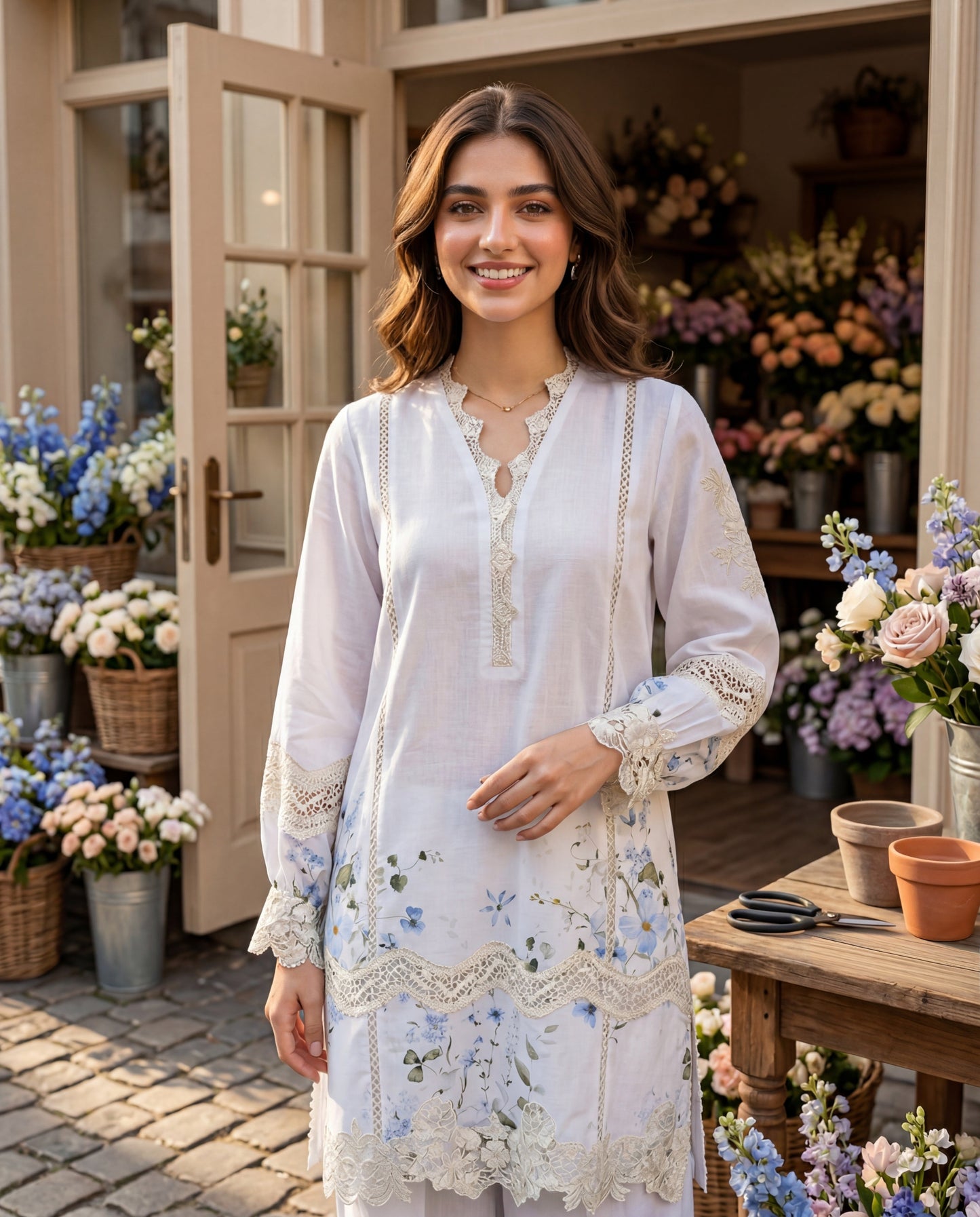 THREADS AND MOTIFS - Azure Blooms Lace-Trimmed