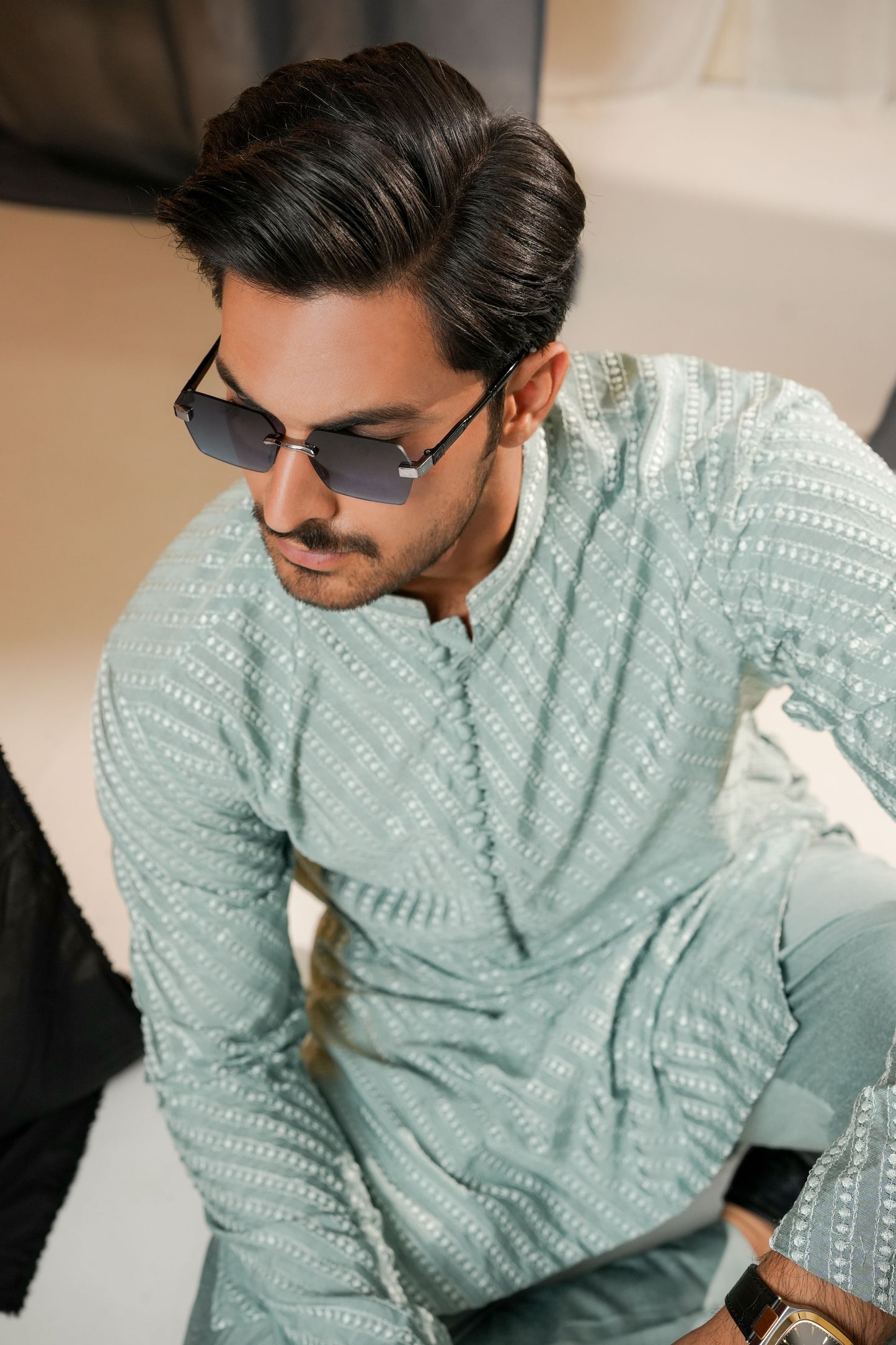 KUNZUL CHANNAR MENSWEAR - Light Blue Embroidered Kurta Trouser
