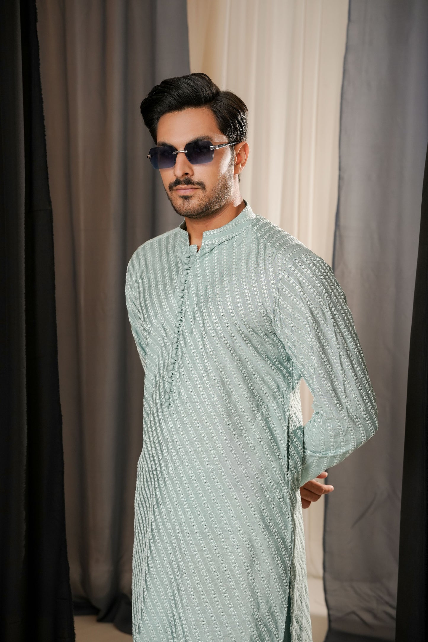 KUNZUL CHANNAR MENSWEAR - Light Blue Embroidered Kurta Trouser