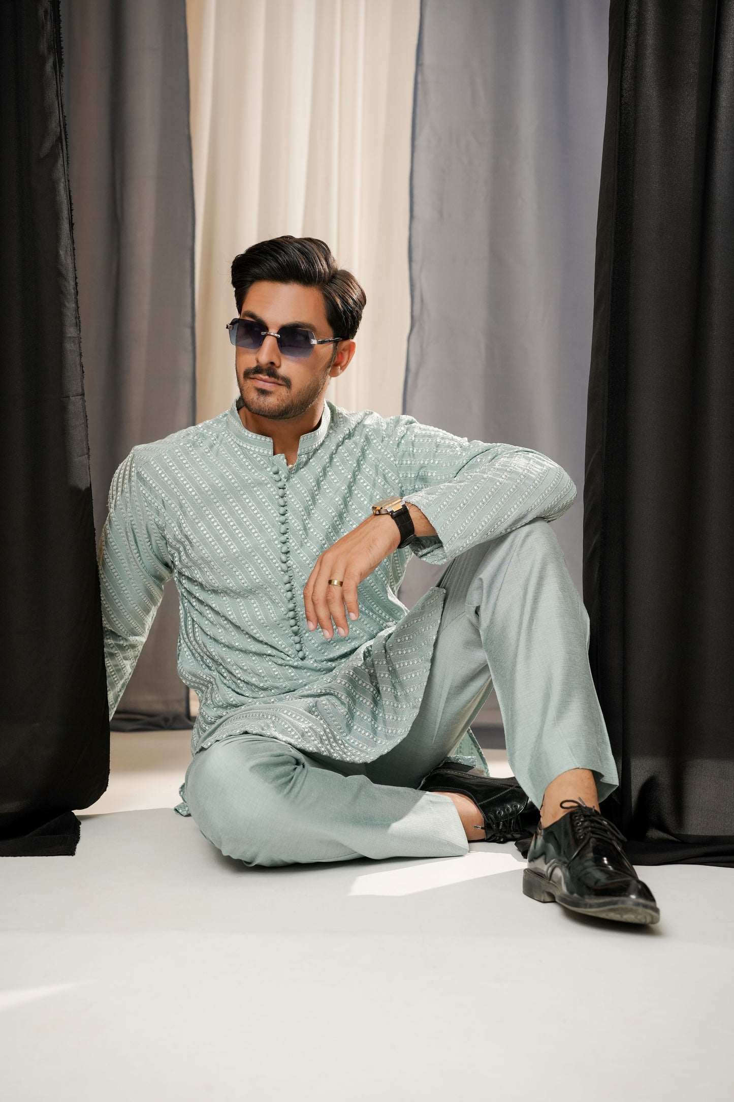 KUNZUL CHANNAR MENSWEAR - Light Blue Embroidered Kurta Trouser