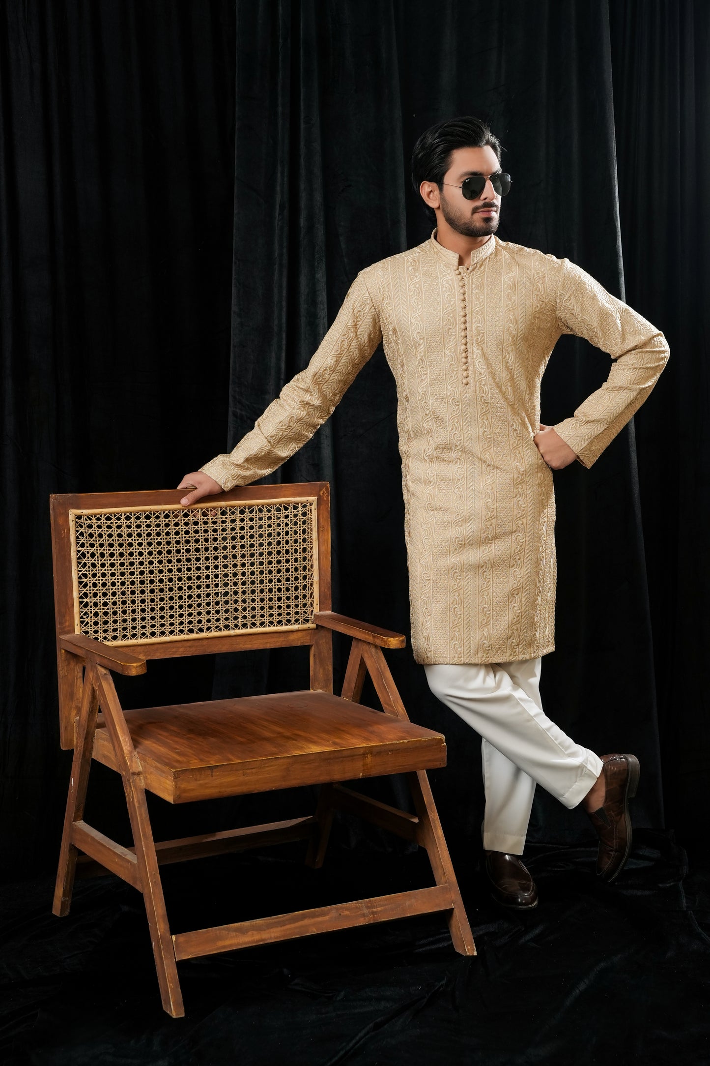 KUNZUL CHANNAR MENSWEAR- Light golden embroidered