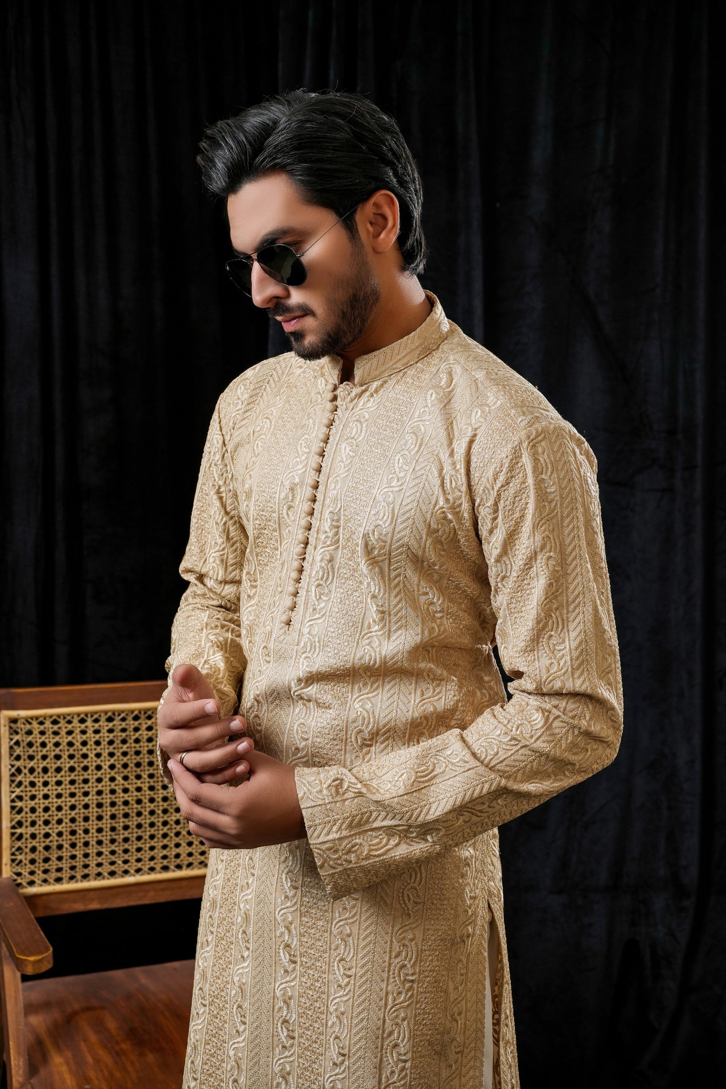 KUNZUL CHANNAR MENSWEAR- Light golden embroidered
