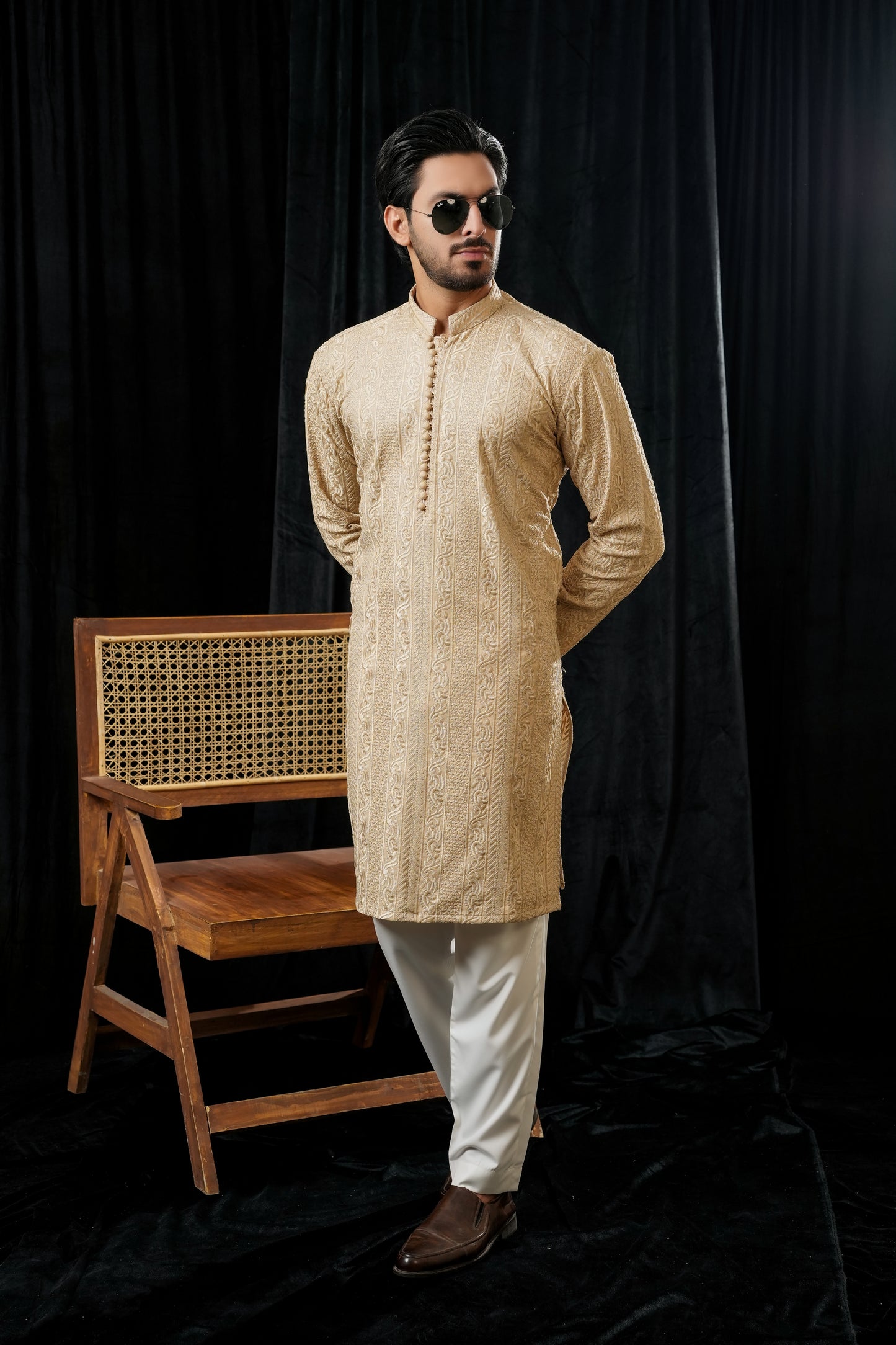 KUNZUL CHANNAR MENSWEAR- Light golden embroidered