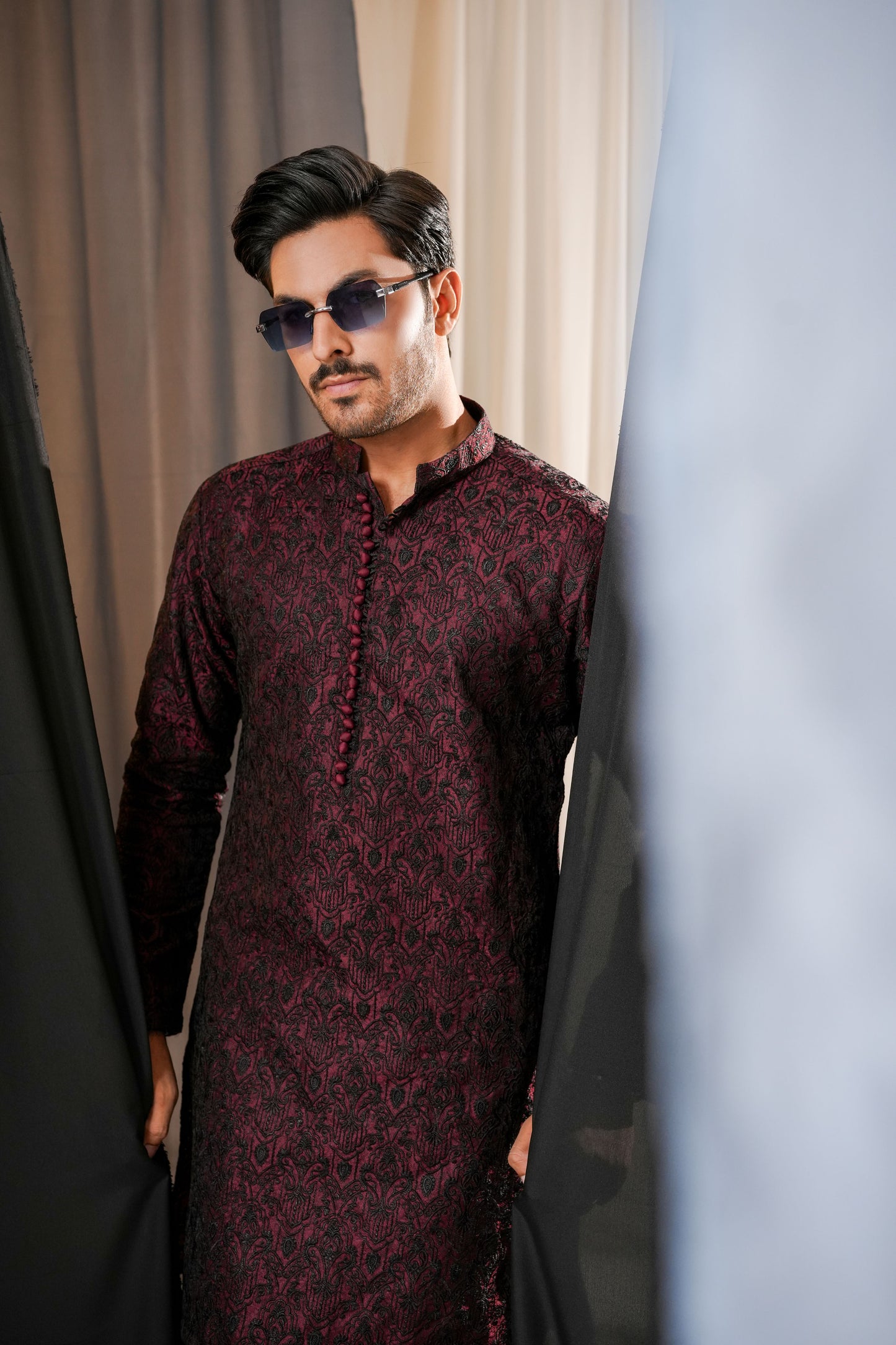 KUNZUL CHANNAR MENSWEAR - Maroon Embroidered Kurta Trouser