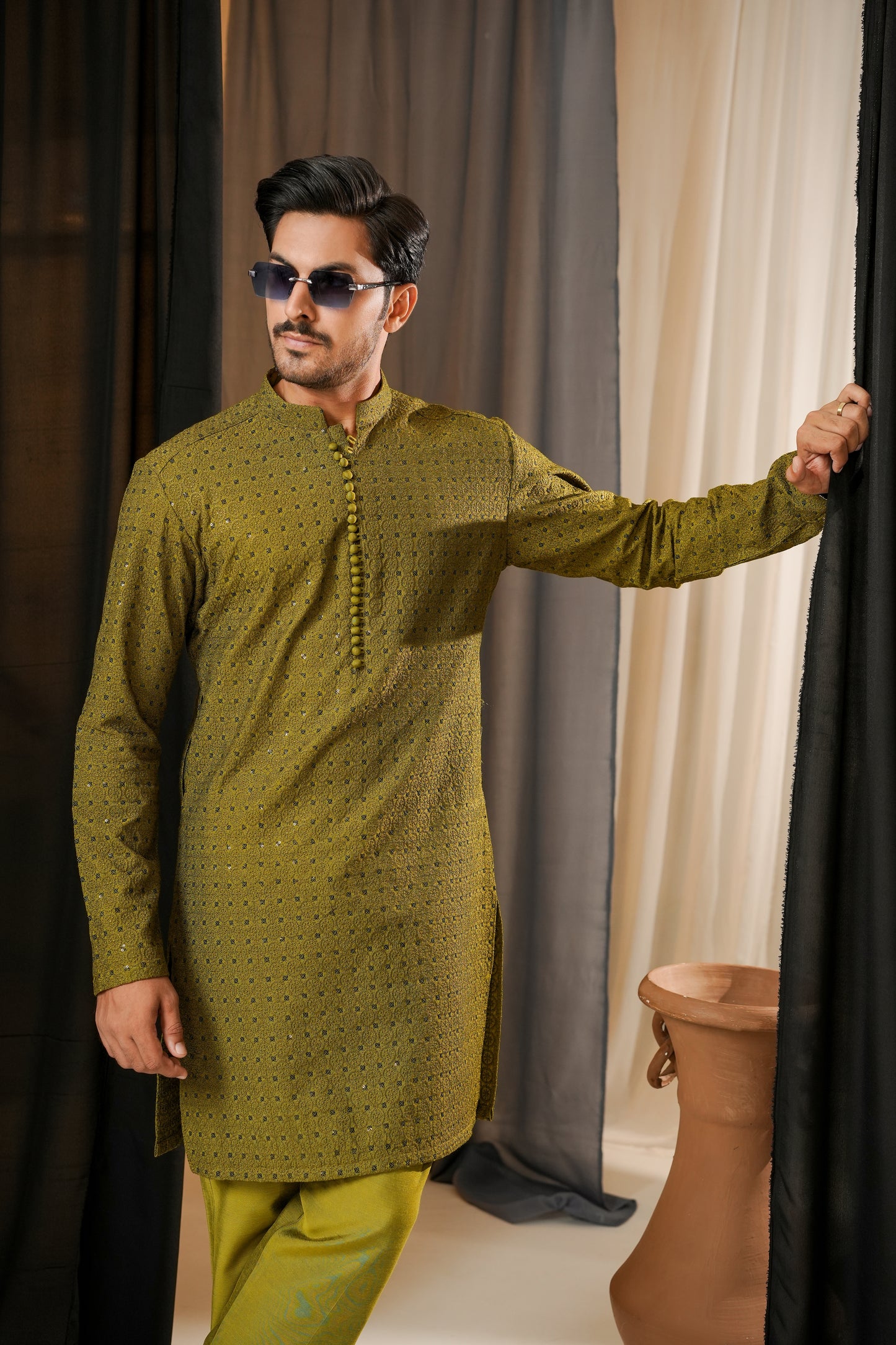 KUNZUL CHANNAR MENSWEAR- Mehndi Green Embroidered