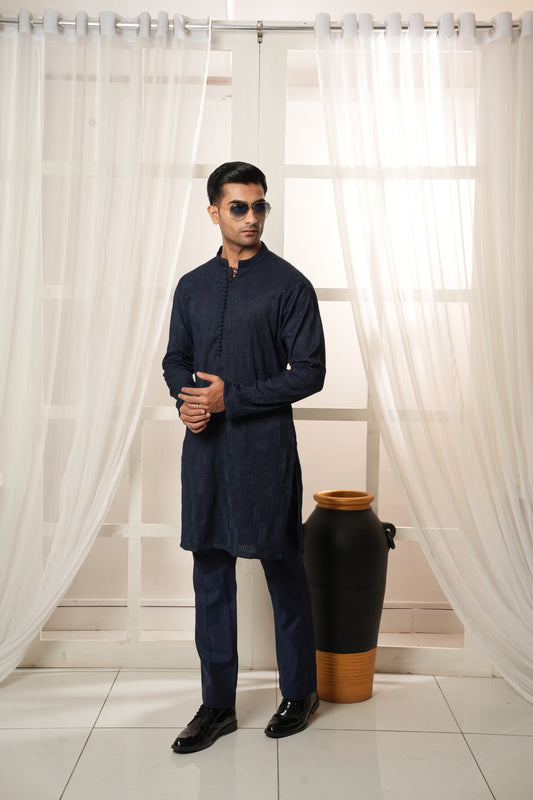 KUNZUL CHANNAR MENSWEAR - Mid-night Blue Embroidered Kurta Trouser