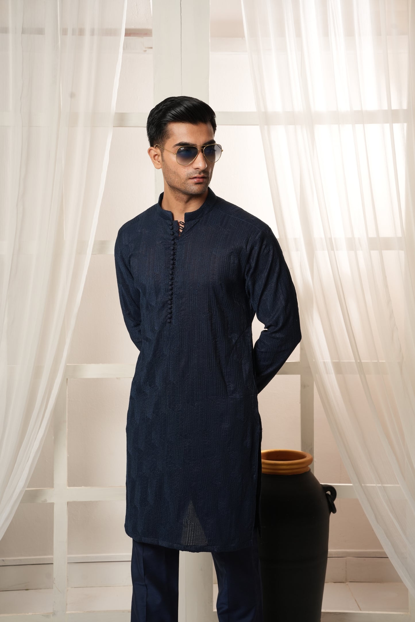 KUNZUL CHANNAR MENSWEAR - Mid-night Blue Embroidered Kurta Trouser