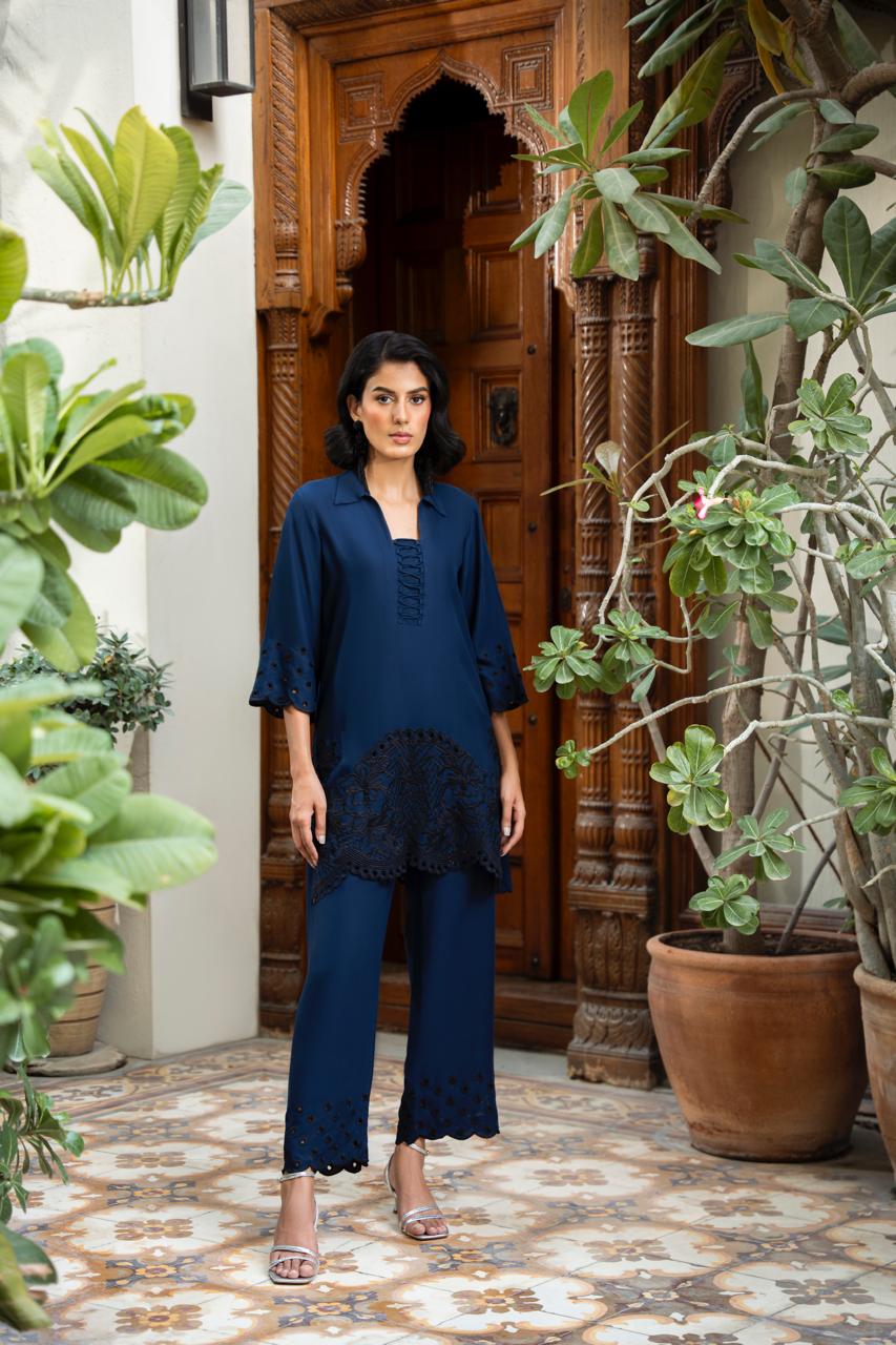 FARAH ZUBAIR - Blue with black embroidery