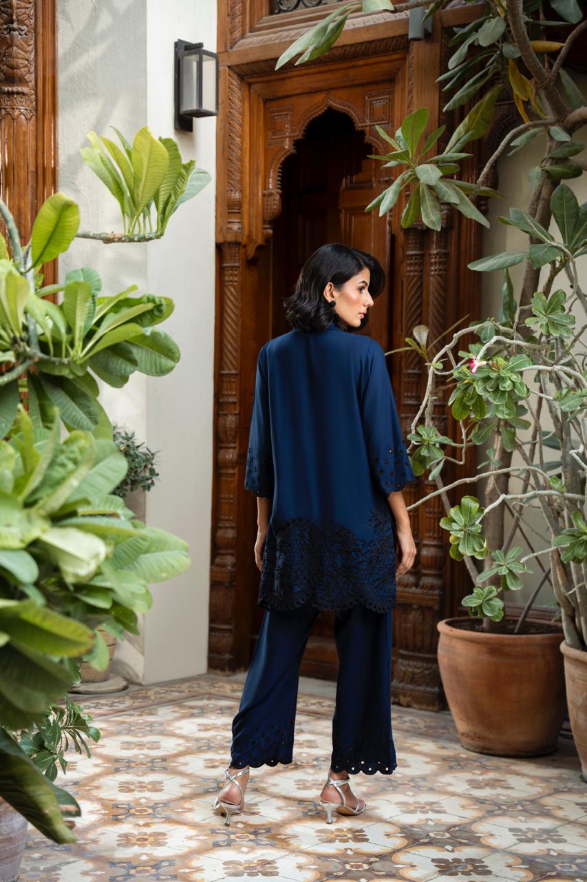 FARAH ZUBAIR - Blue with black embroidery