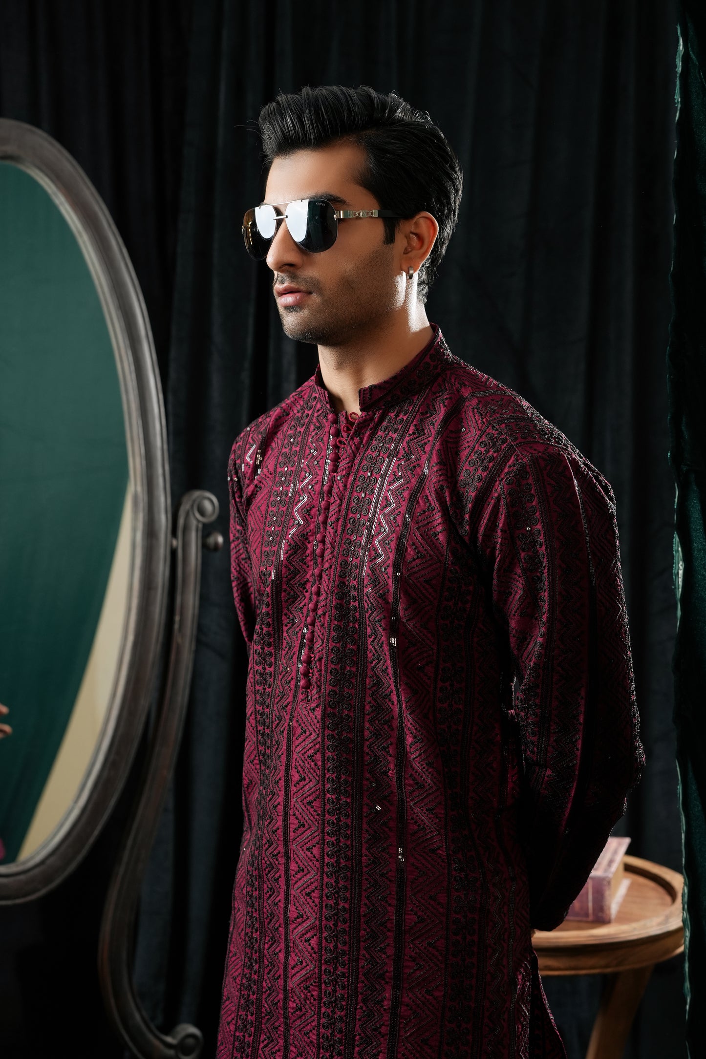 KUNZUL CHANNAR MENSWEAR - Red & Black Embroidered Kurta Trouser