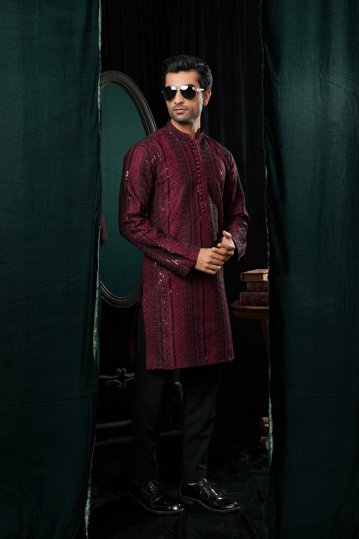KUNZUL CHANNAR MENSWEAR - Red & Black Embroidered Kurta Trouser