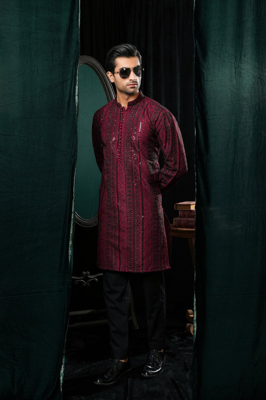 KUNZUL CHANNAR MENSWEAR - Red & Black Embroidered Kurta Trouser