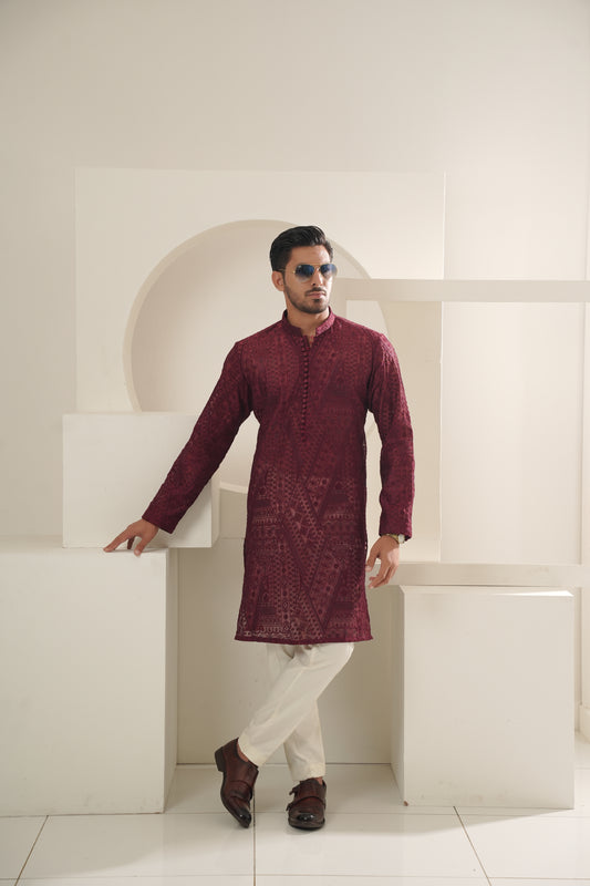 KUNZUL CHANNAR MENSWEAR - Red Pattern Embroidered Kurta Trouser