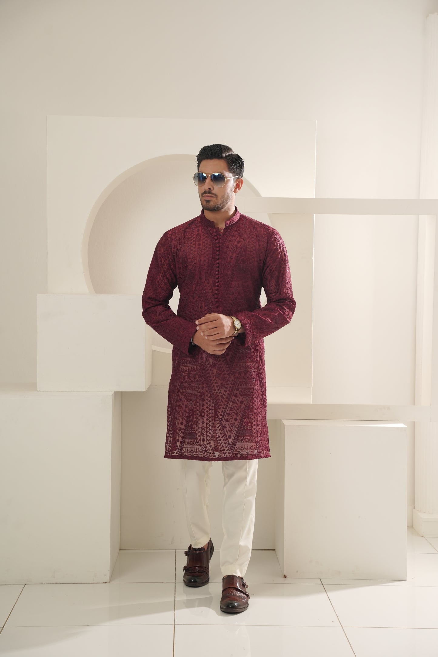 KUNZUL CHANNAR MENSWEAR - Red Pattern Embroidered Kurta Trouser
