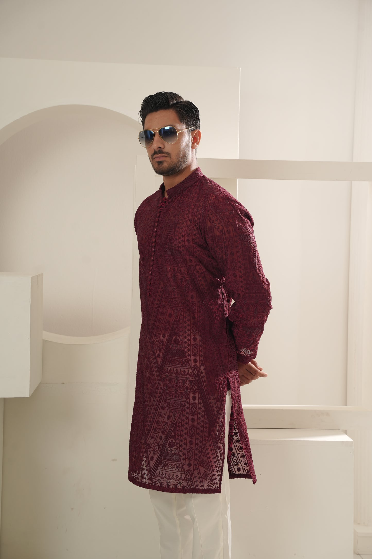 KUNZUL CHANNAR MENSWEAR - Red Pattern Embroidered Kurta Trouser