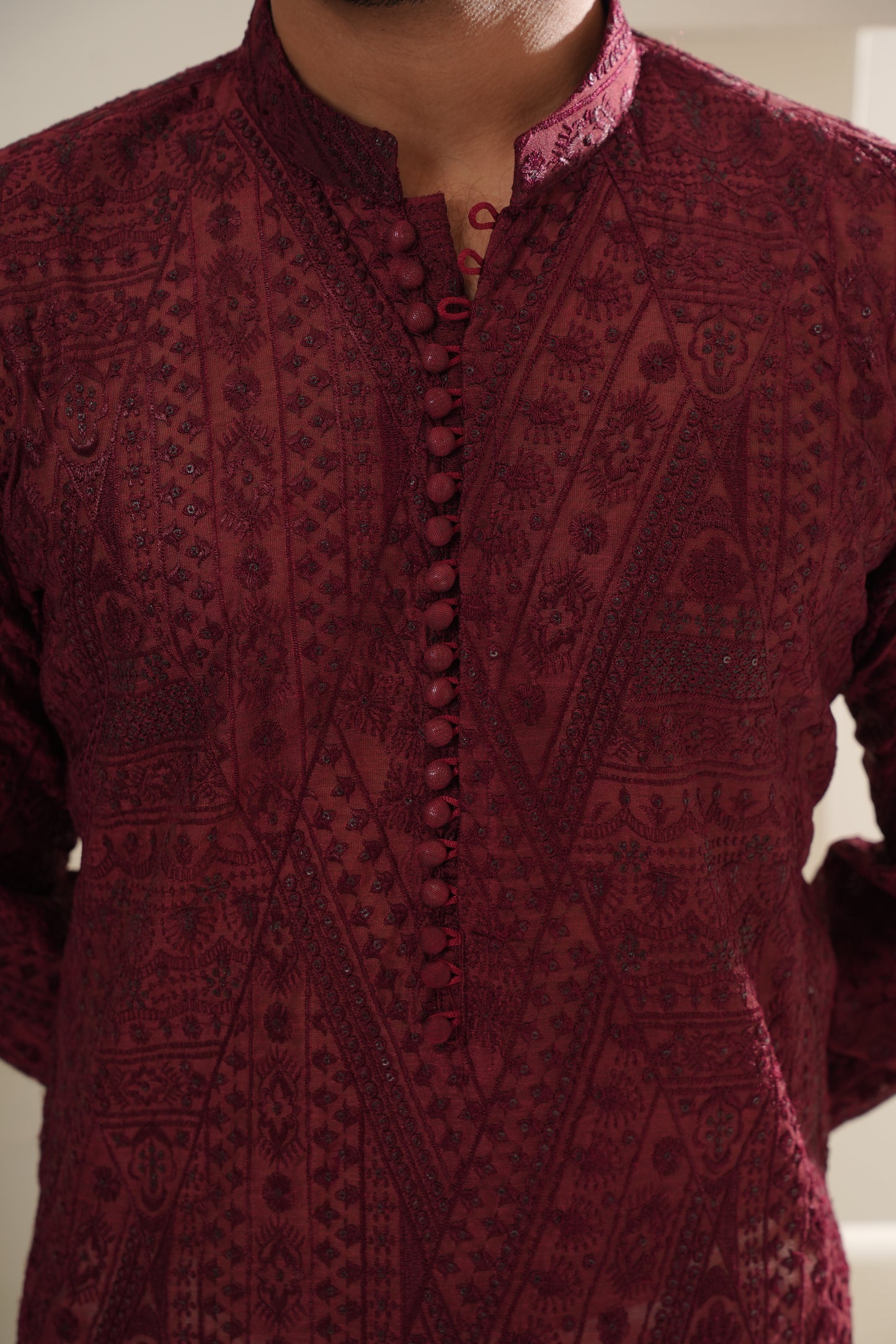 KUNZUL CHANNAR MENSWEAR - Red Pattern Embroidered Kurta Trouser