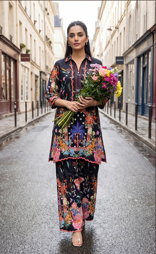 THREADS AND MOTIFS-Black printed cottonsilk