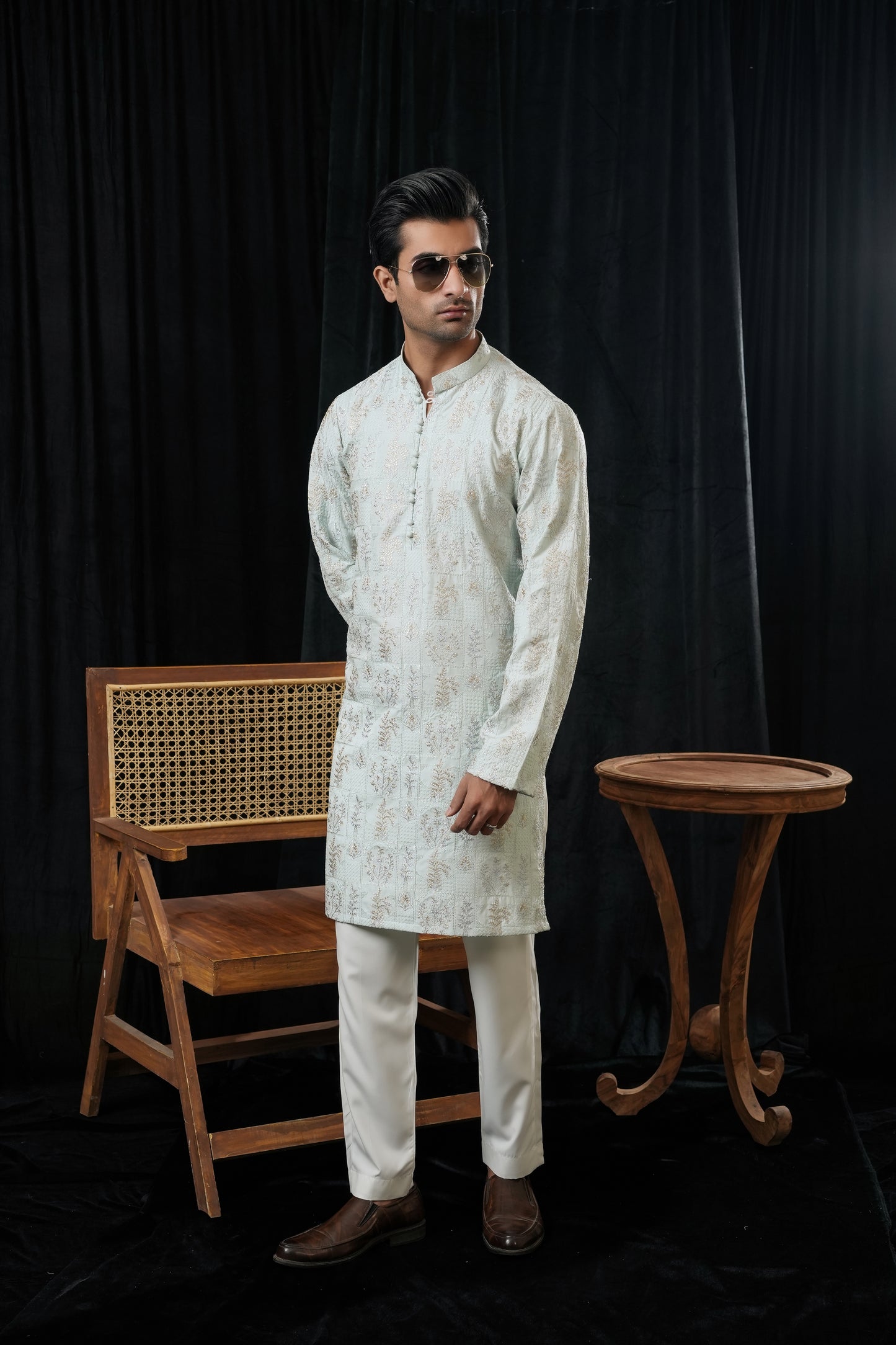 KUNZUL CHANNAR MENSWEAR - TURQUOISE SEQUIN KURTA