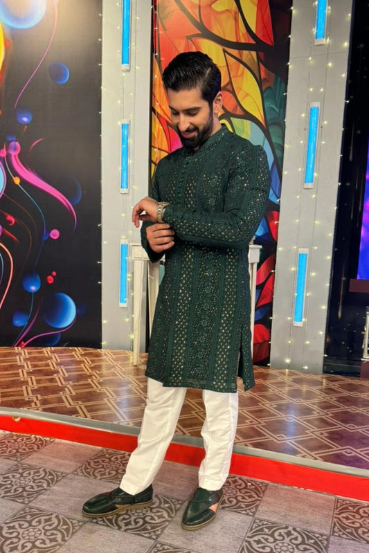 HUMAYUN ALAMGIR (MENSWEAR) - Green Sequence with same color Pants