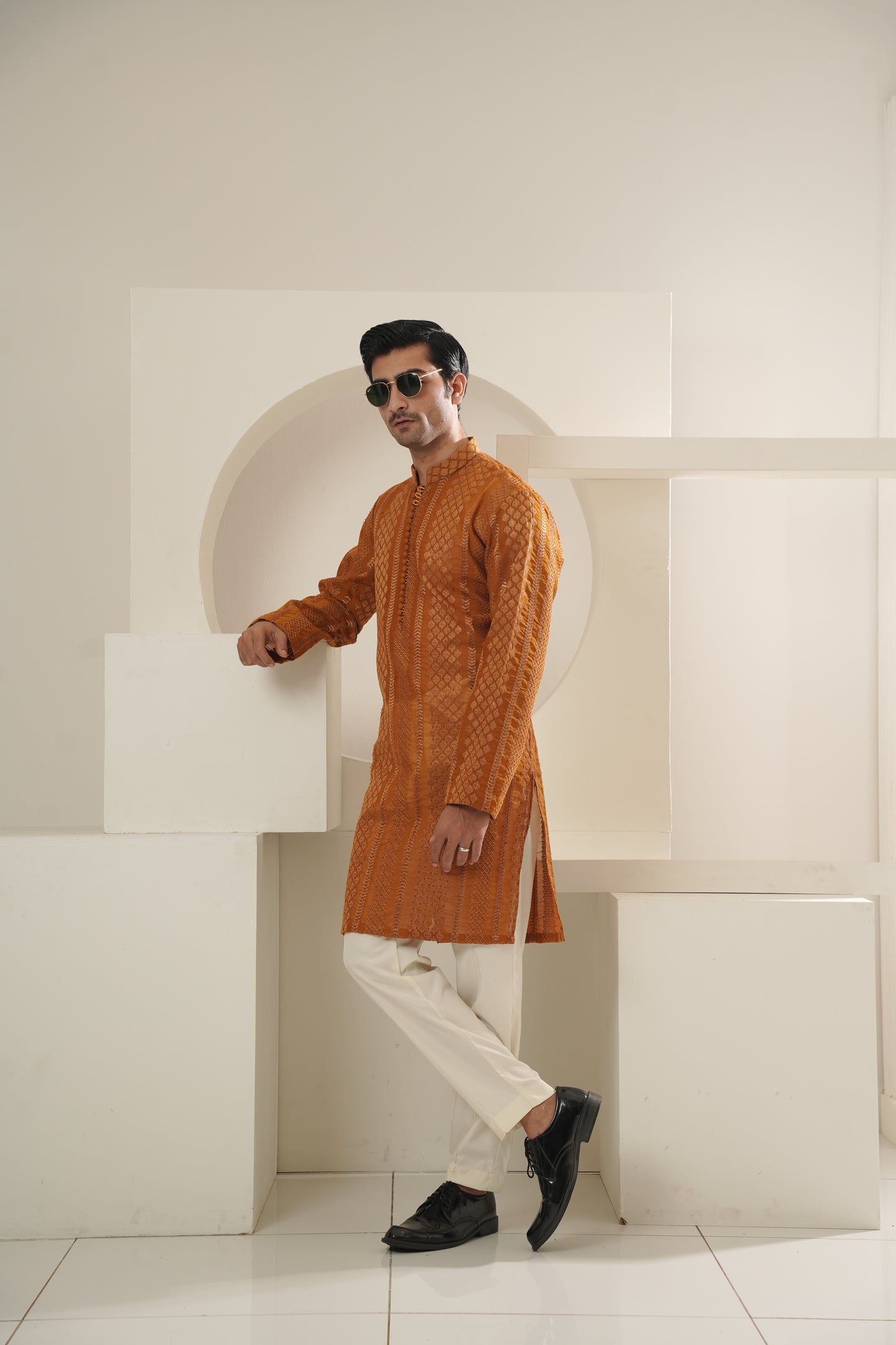 KUNZUL CHANNAR MENSWEAR - Yellow Mustard Embroidered Kurta