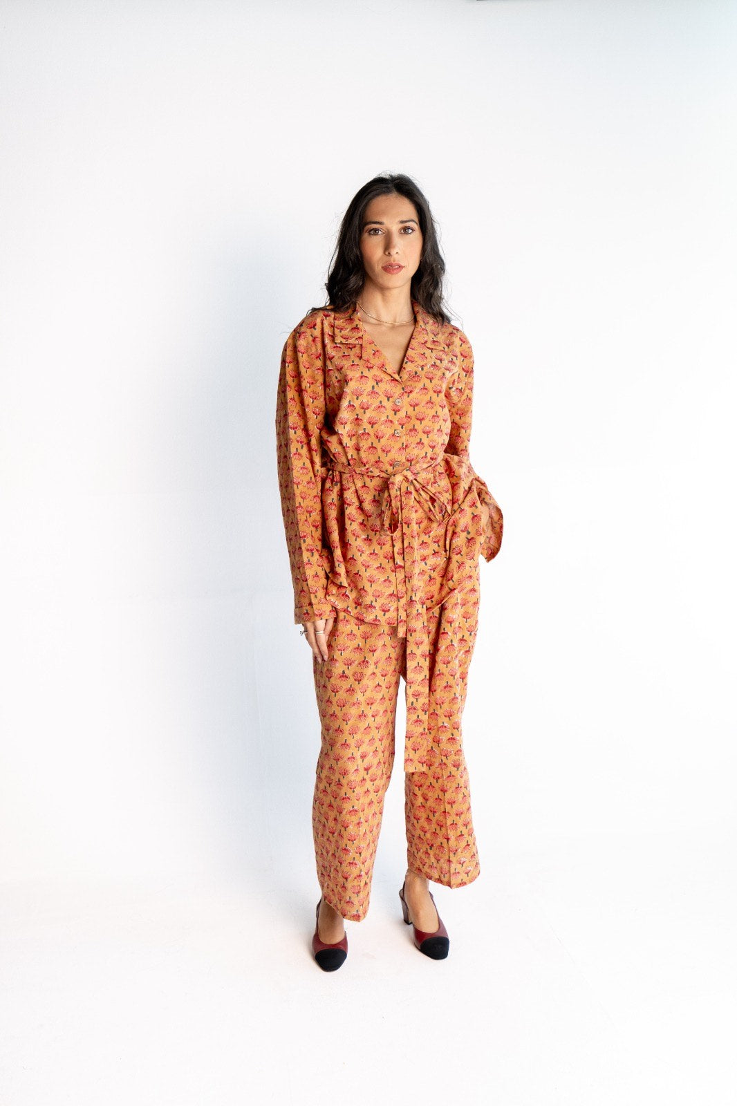 SOBIA GULZAD - Brown Lotus Print Waist tie Set