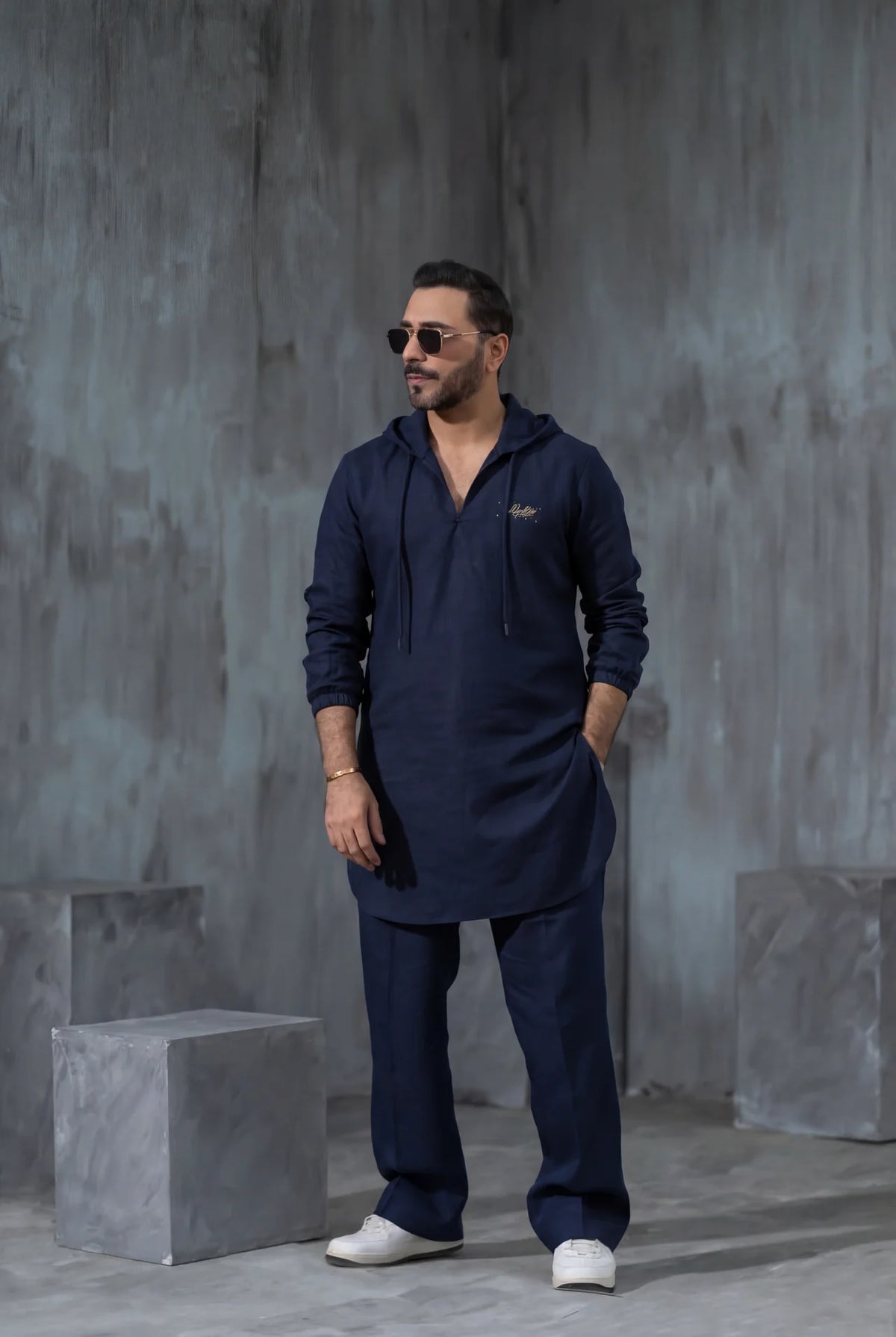 HUMAYUN ALAMGIR (MENSWEAR)-Blue Sabeen hooded kurta pajama