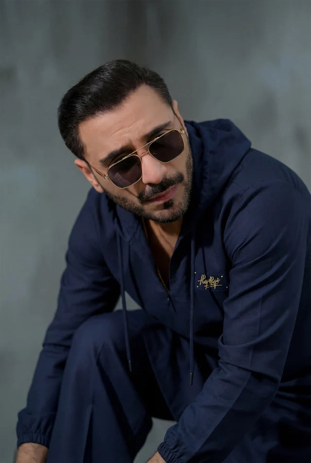 HUMAYUN ALAMGIR (MENSWEAR)-Blue Sabeen hooded kurta pajama