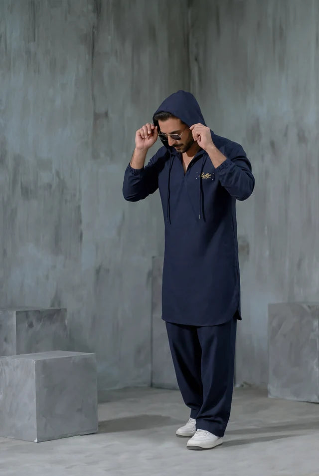 HUMAYUN ALAMGIR (MENSWEAR)-Blue Sabeen hooded kurta pajama