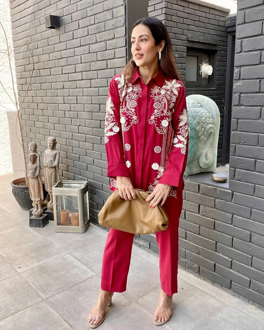 MADEHA KHURRAM - Red Coord with embroidered