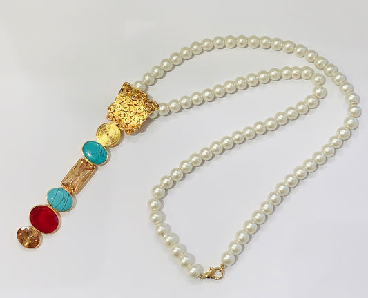 HAMSA JEWELRY - Pearl necklace with multi-color stone